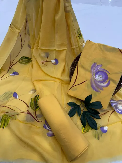 Elegant Hand-Painted Cotton Suit Set with Lightweight Chiffon Dupatta